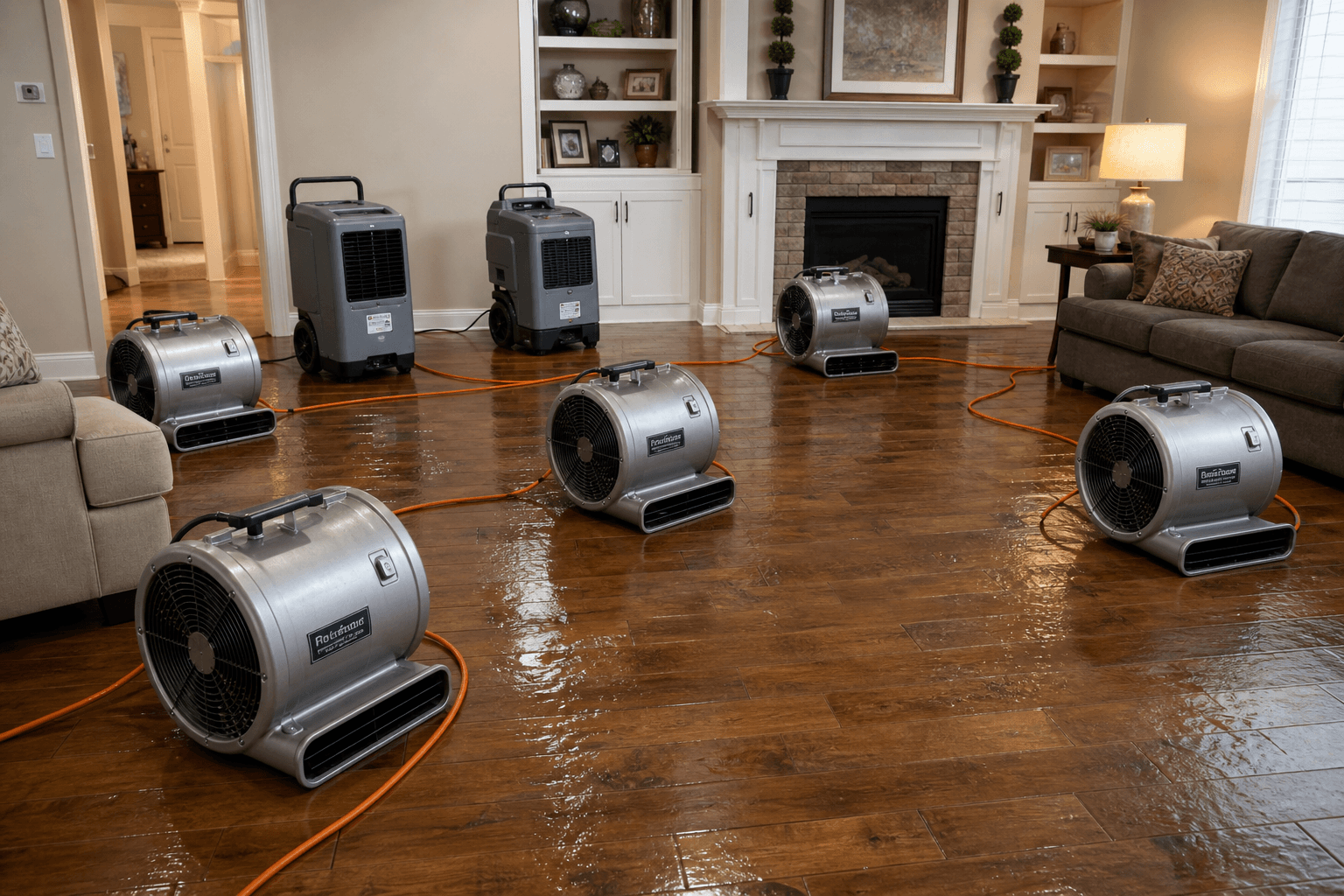 Professional commercial drying equipment — air movers and dehumidifiers set up in a water-damaged home