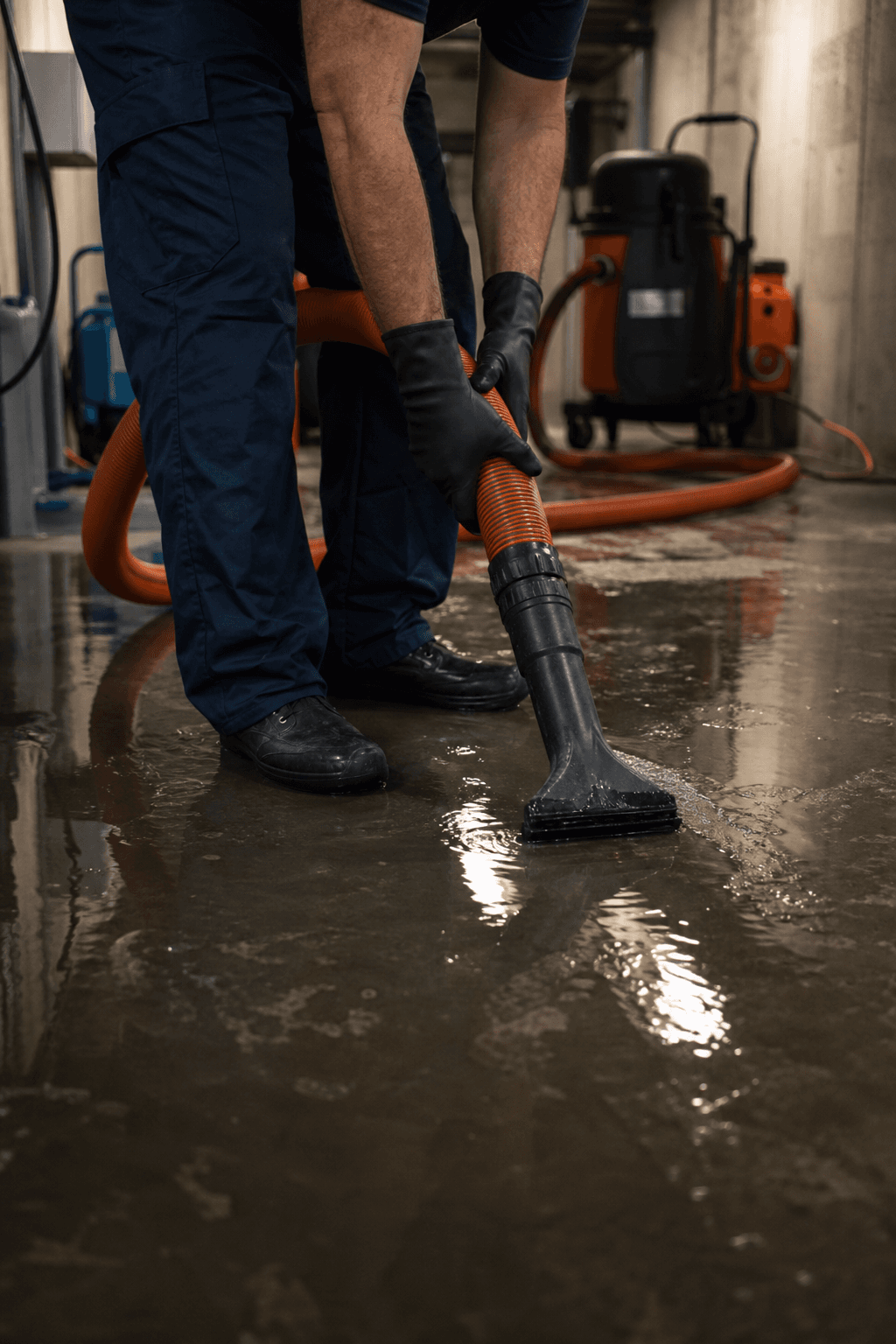 Technician using industrial extraction equipment on a flooded basement floor