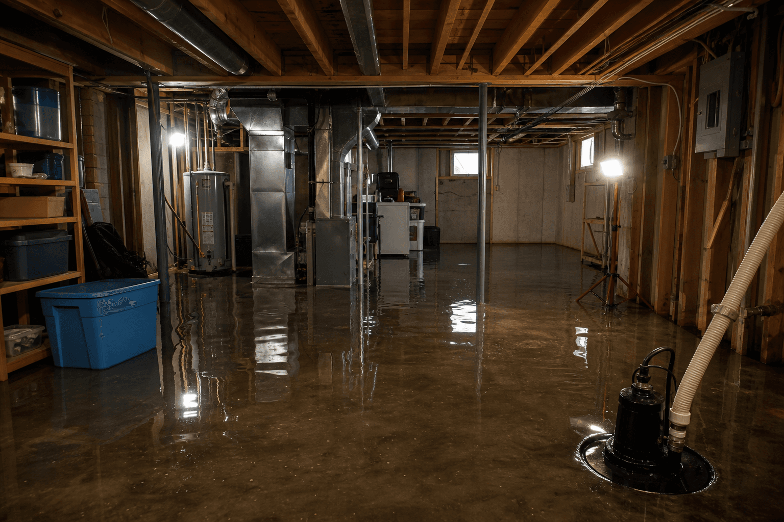 Flooded basement resulting from storm overland flooding with standing water