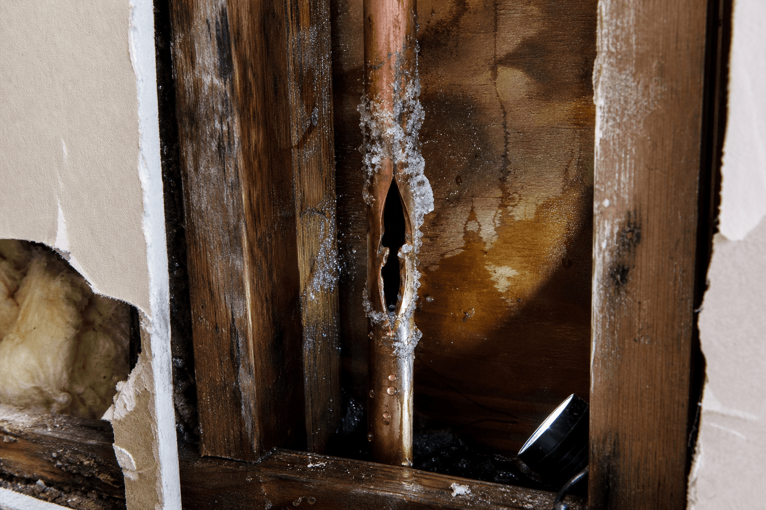 Burst copper pipe from freeze-thaw damage with ice crystals and water damage visible in wall cavity