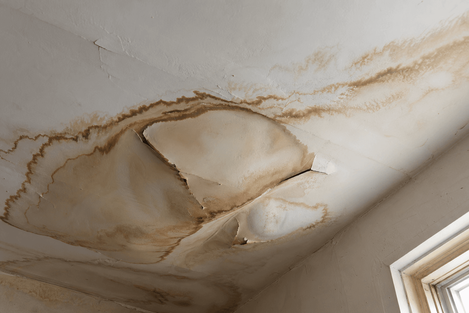 Severely water-stained and sagging ceiling drywall showing significant water intrusion from above