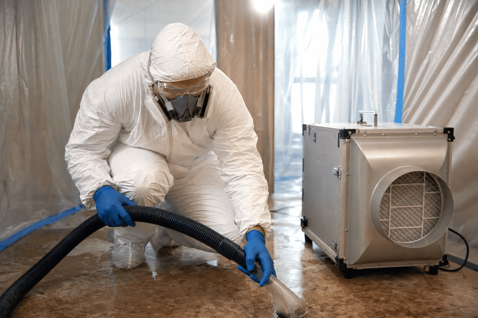 Remediation technician in full Tyvek PPE suit and respirator working inside plastic containment with a HEPA air scrubber